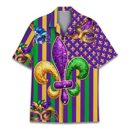 Main view of the Mardi Gras Hawaiian shirt with purple, green, and gold stripes and a large fleur-de-lis
