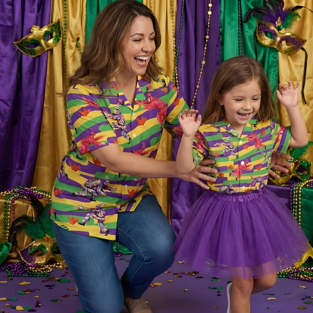 Lifestyle view of a family wearing the Mardi Gras hawaiian shirts