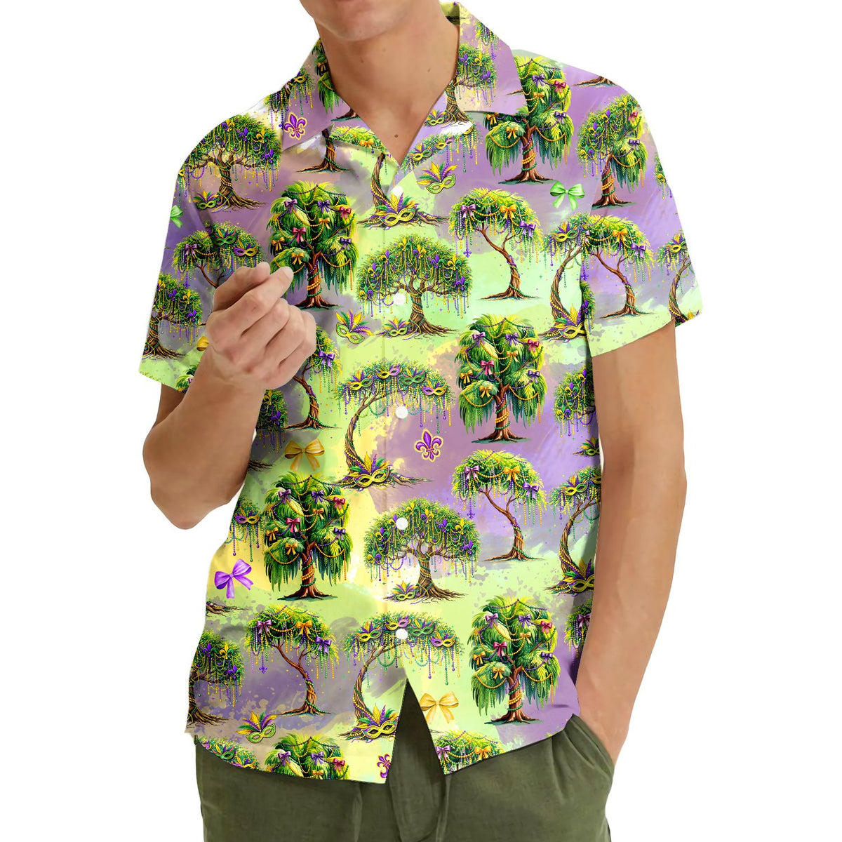 Lifestyle view of someone wearing the mardi gras hawaiian shirt