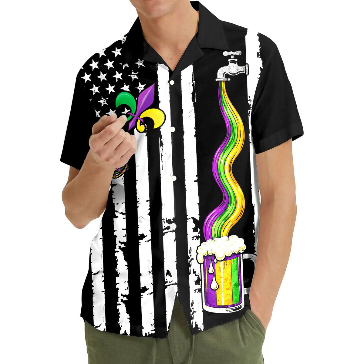 Second lifestyle image showing the mardi gras hawaiian shirt