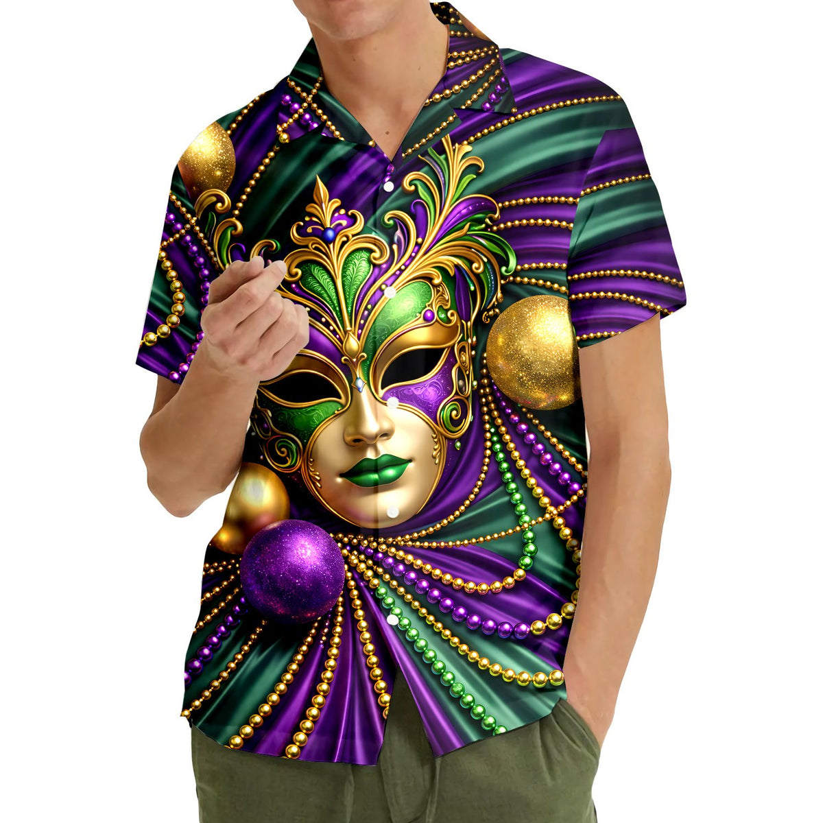 Second lifestyle view showcasing the mardi gras pattern hawaiian shirt