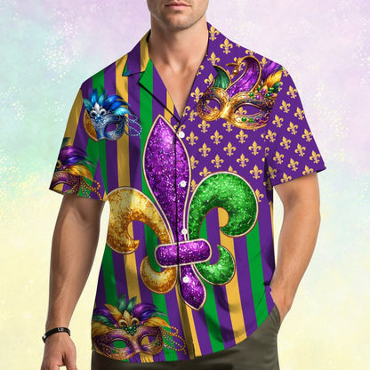 Another lifestyle image highlighting the vibrant colors of the Mardi Gras Hawaiian shirt