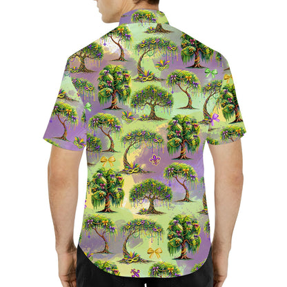Another lifestyle shot displaying the mardi gras themed hawaiian shirt