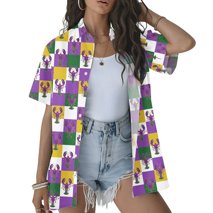Third lifestyle view showing the Mardi Gras hawaiian shirt in action