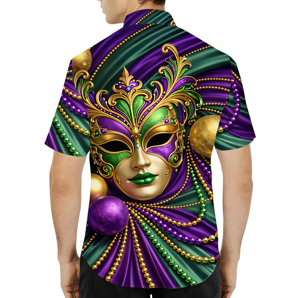 Third lifestyle view highlighting the colorful mask and bead design on the shirt