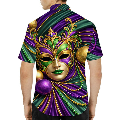 Third lifestyle view highlighting the colorful mask and bead design on the shirt