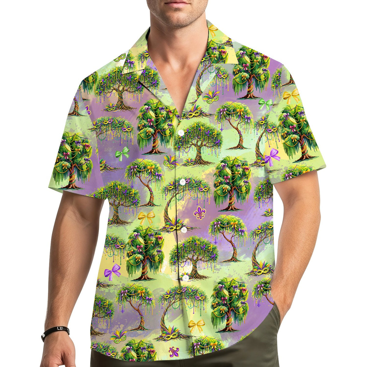Adult wearing the mardi gras hawaiian shirt in a lifestyle setting