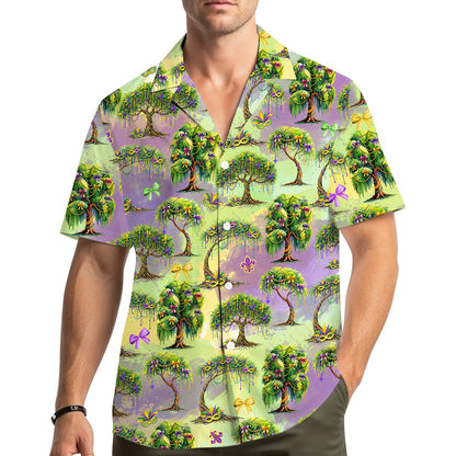 Adult wearing the mardi gras hawaiian shirt in a lifestyle setting