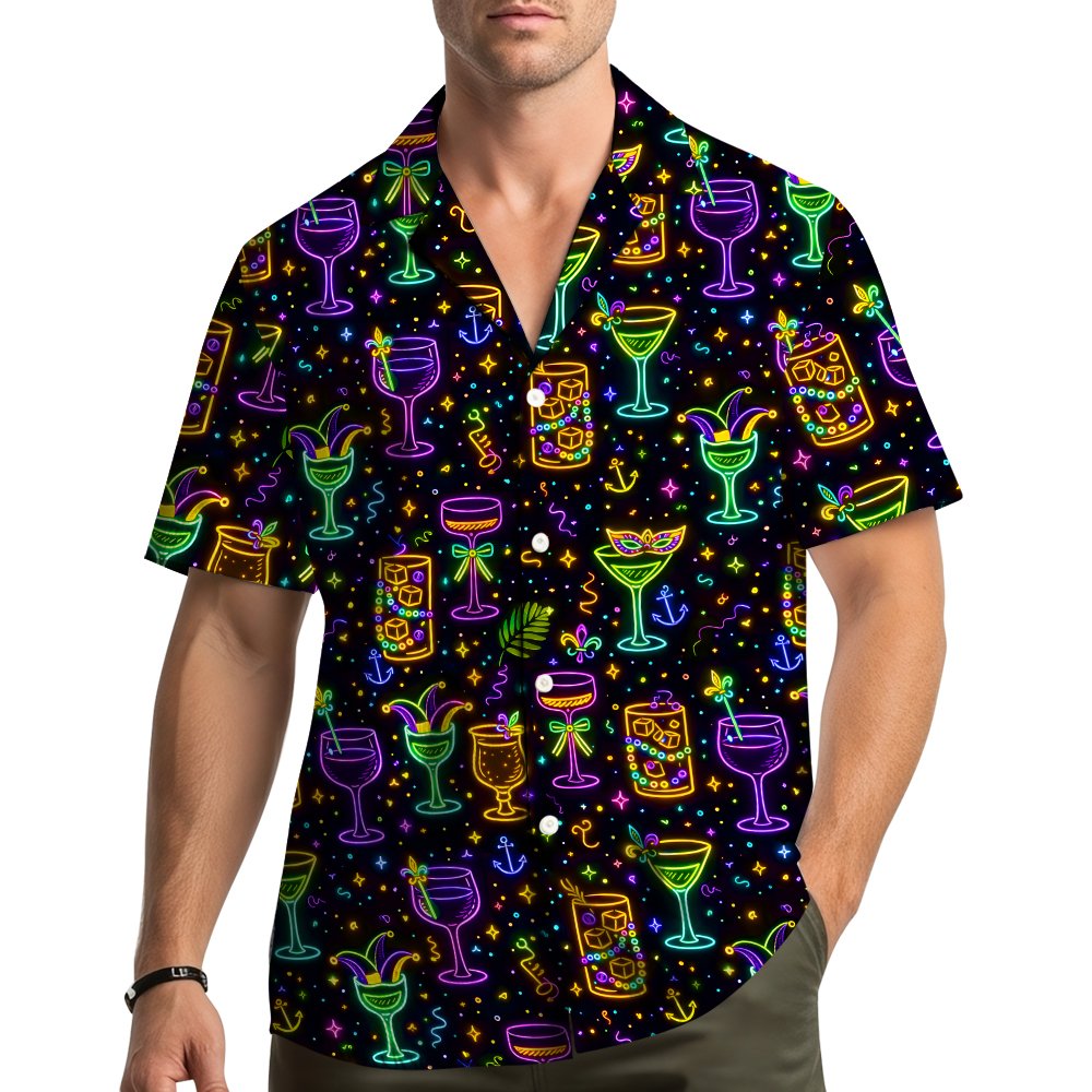 Lifestyle view of someone wearing the vibrant Mardi Gras hawaiian shirt