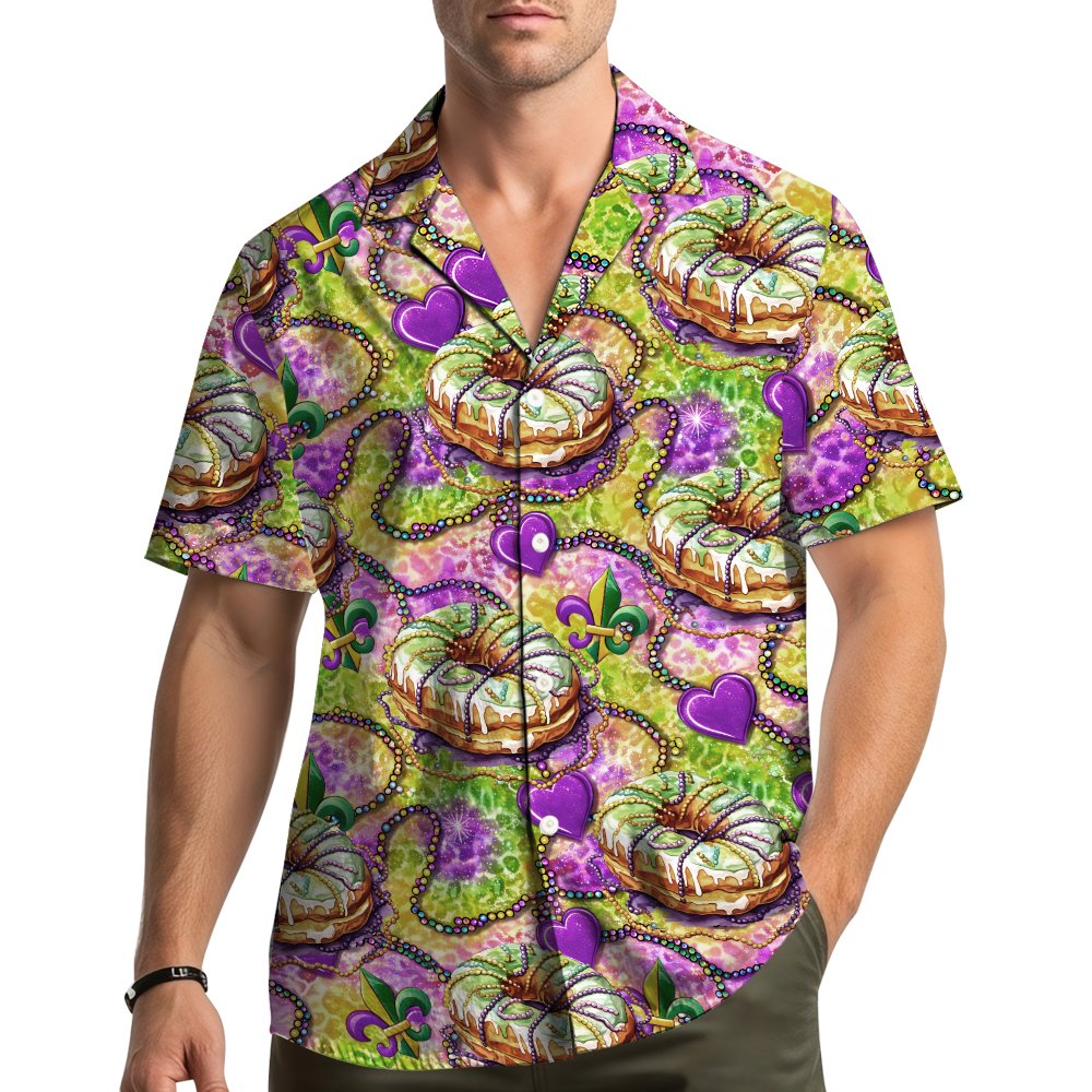 Lifestyle view of adult wearing the mardi gras hawaiian shirt