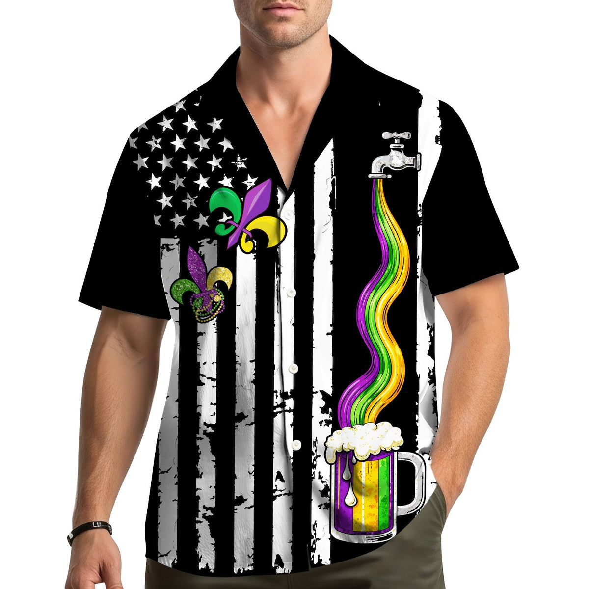 Lifestyle image of the mardi gras hawaiian shirt being worn