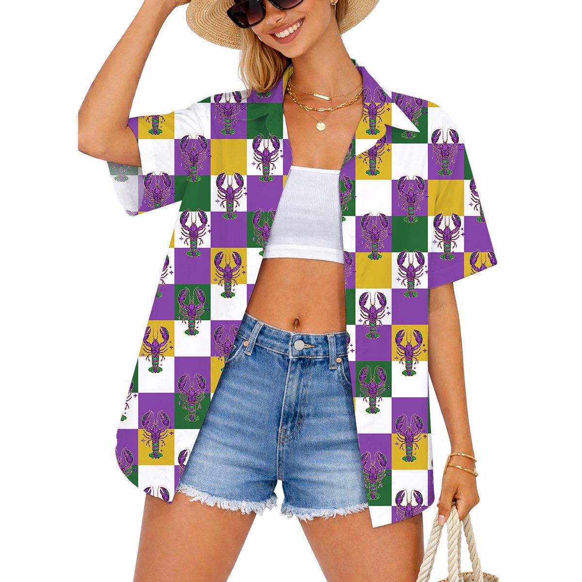 Lifestyle shot of the Mardi Gras hawaiian shirt worn outside