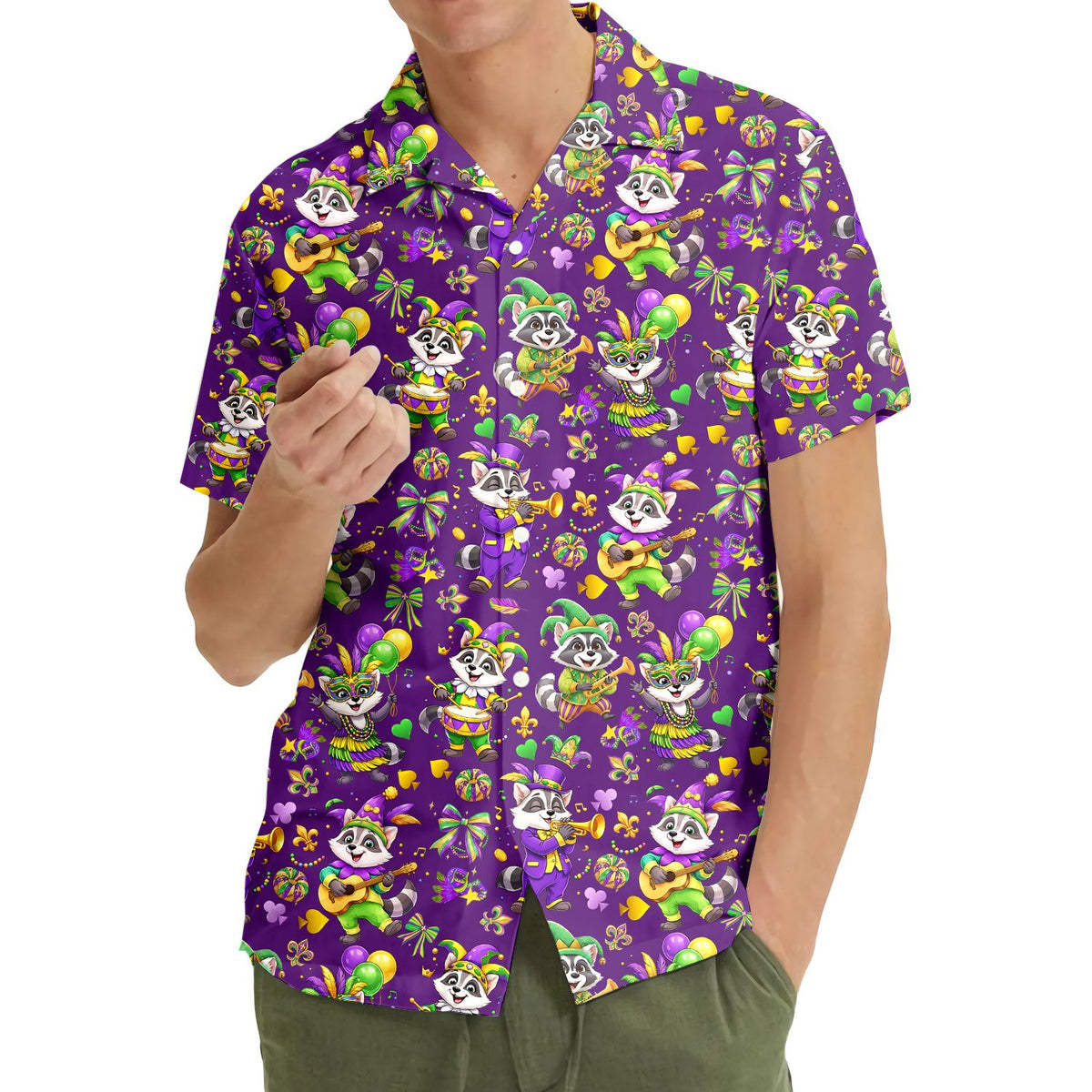 Lifestyle view of a person wearing the matching family mardi gras hawaiian shirt