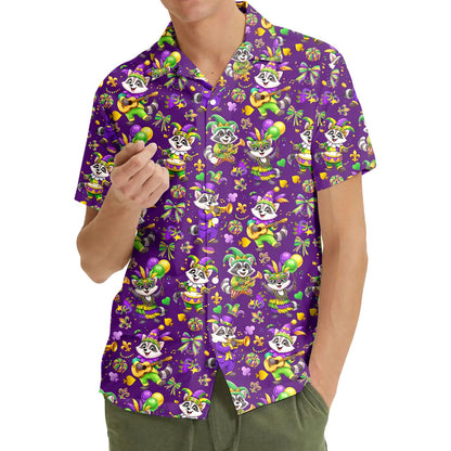 Lifestyle view of a person wearing the matching family mardi gras hawaiian shirt