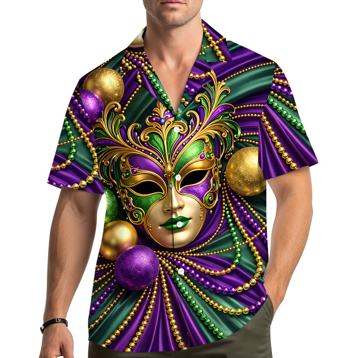 Lifestyle view of a person wearing the purple mardi hawaiian shirt