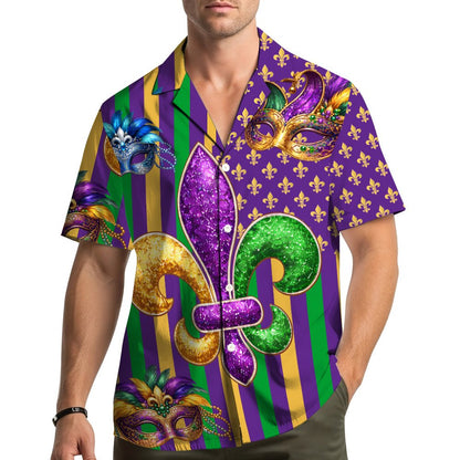 Lifestyle image showing a person wearing the Mardi Gras Hawaiian shirt outdoors