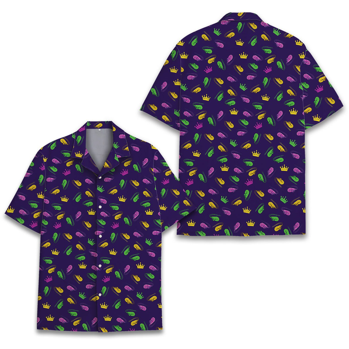 Detailed front view of the mardi gras crown and shrimp pattern