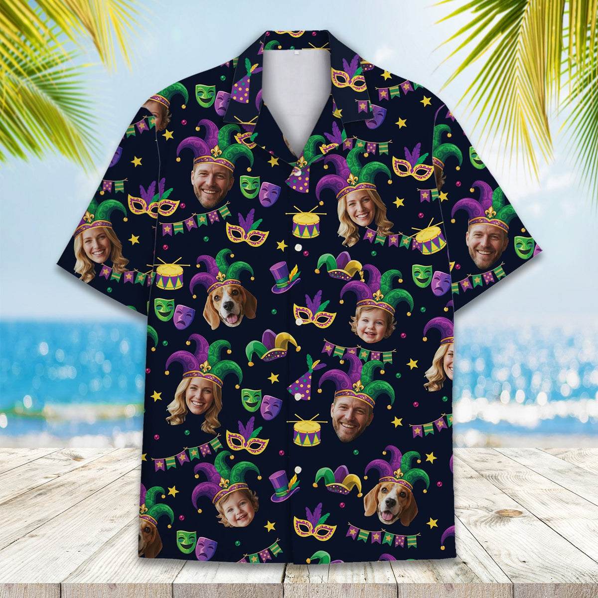 Detailed front view of the navy Mardi Gras hawaiian shirt