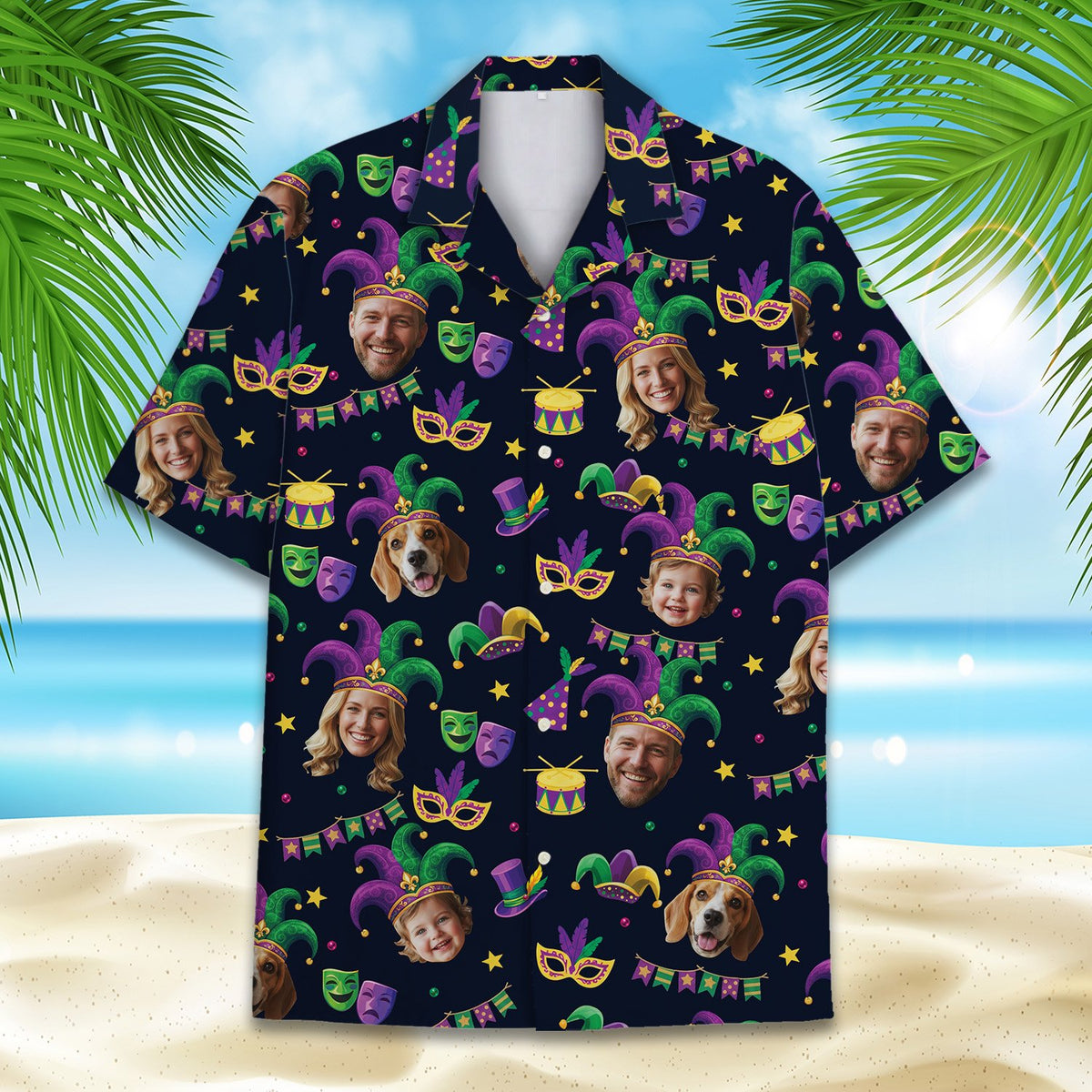 Close up of the front of the festive holiday hawaiian shirt