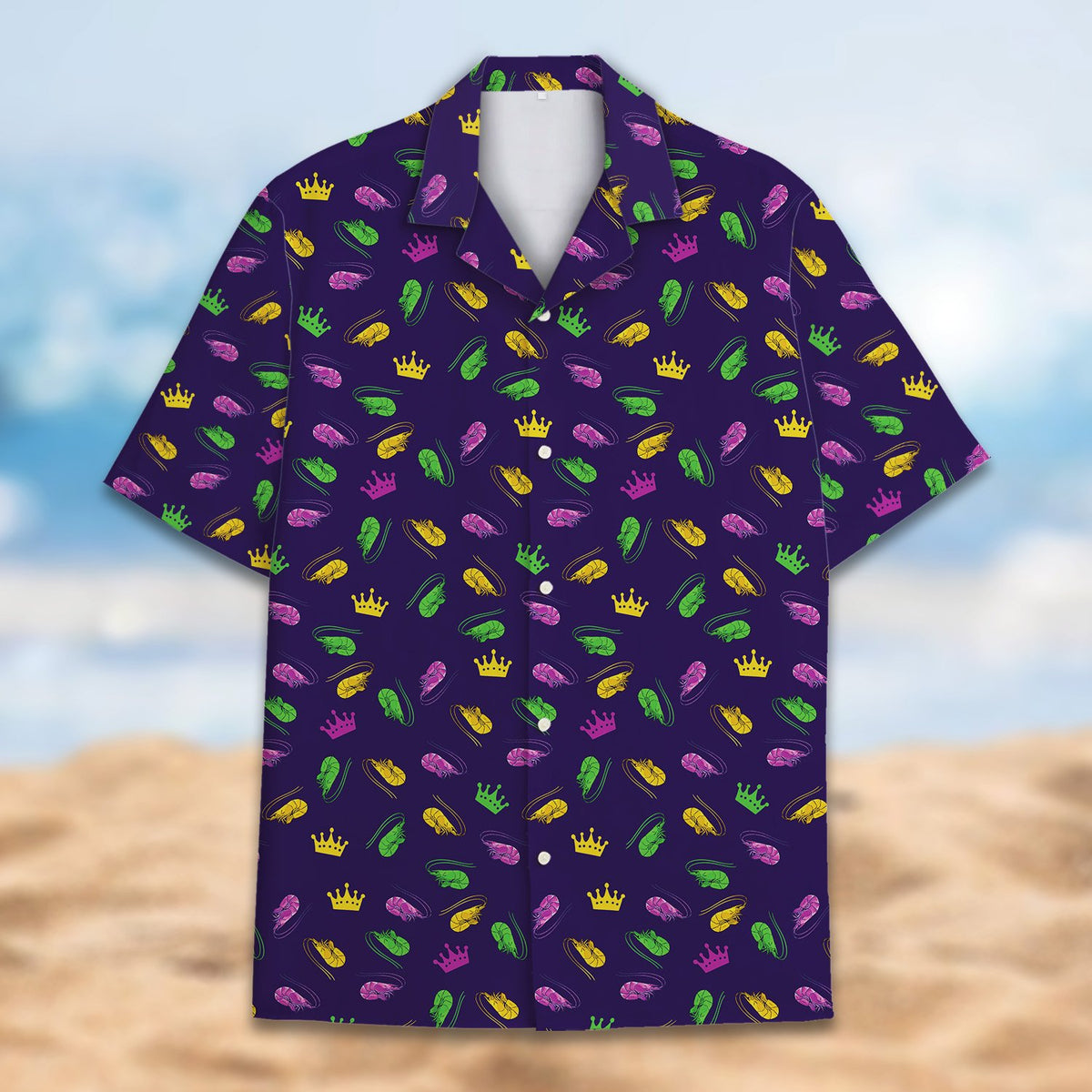 Front view of the button-down mardi gras shirt