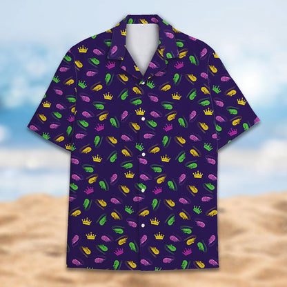 Front view of the button-down mardi gras shirt