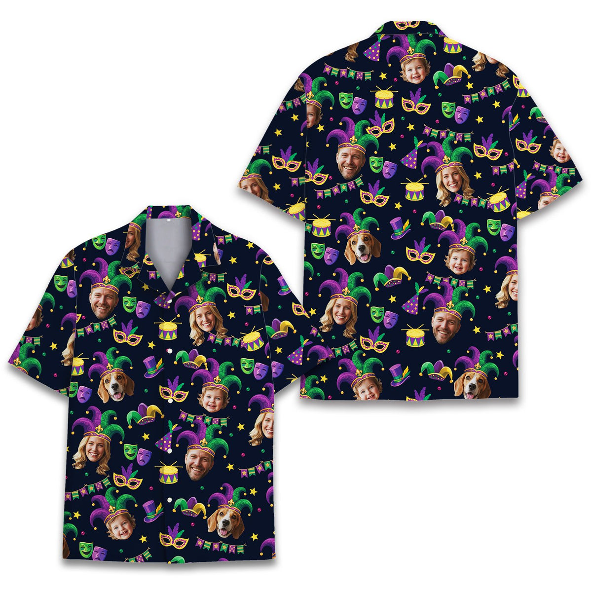 Front styling of the matching family hawaiian shirt in navy