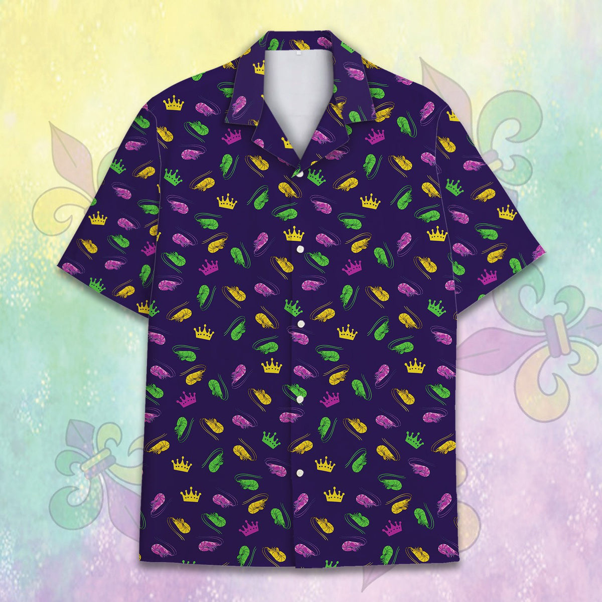 Main view of navy mardi gras hawaiian shirt with crowns and shrimp