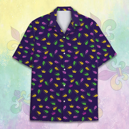 Main view of navy mardi gras hawaiian shirt with crowns and shrimp