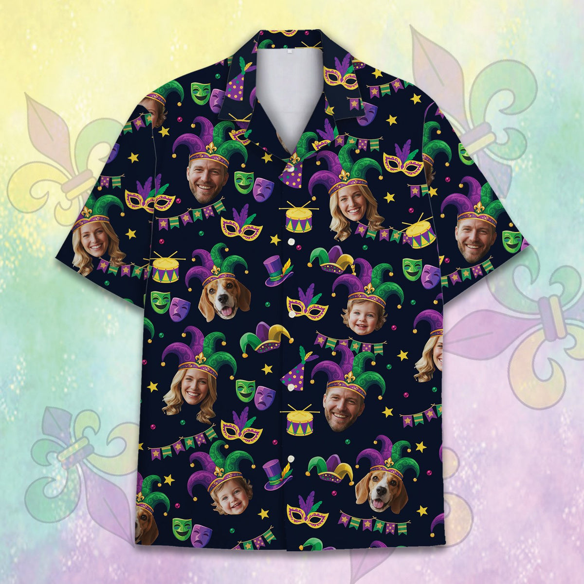 Navy mardi hawaiian shirt with custom photo face cutouts on a Mardi Gras pattern, main view