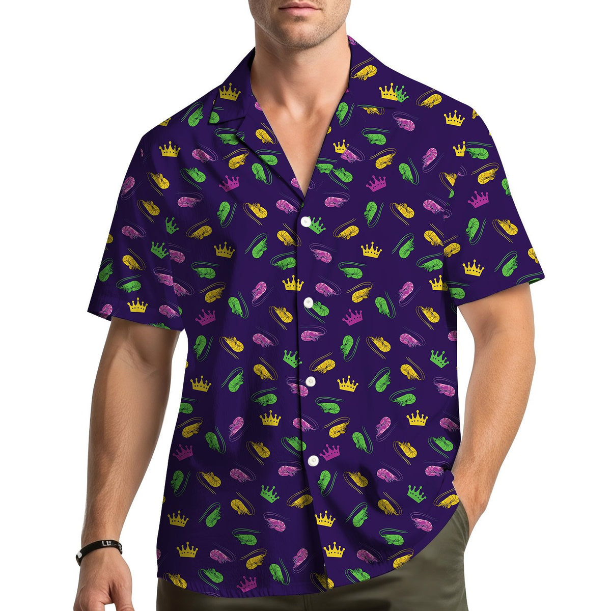 Lifestyle view of people wearing the mardi gras hawaiian shirt