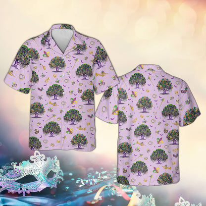 Pink holiday hawaiian shirt with detailed mardi gras tree print, front view