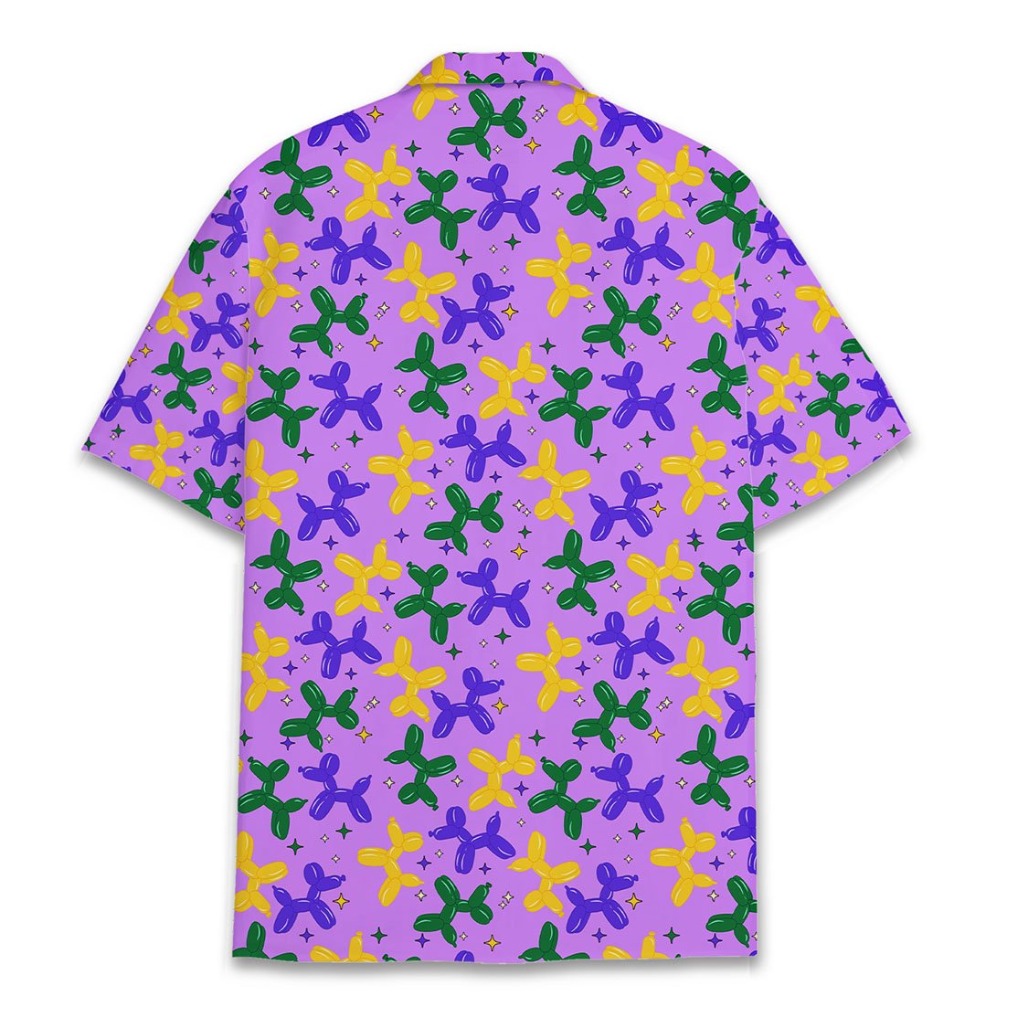 Back view of the mardi hawaiian shirt featuring balloon dogs