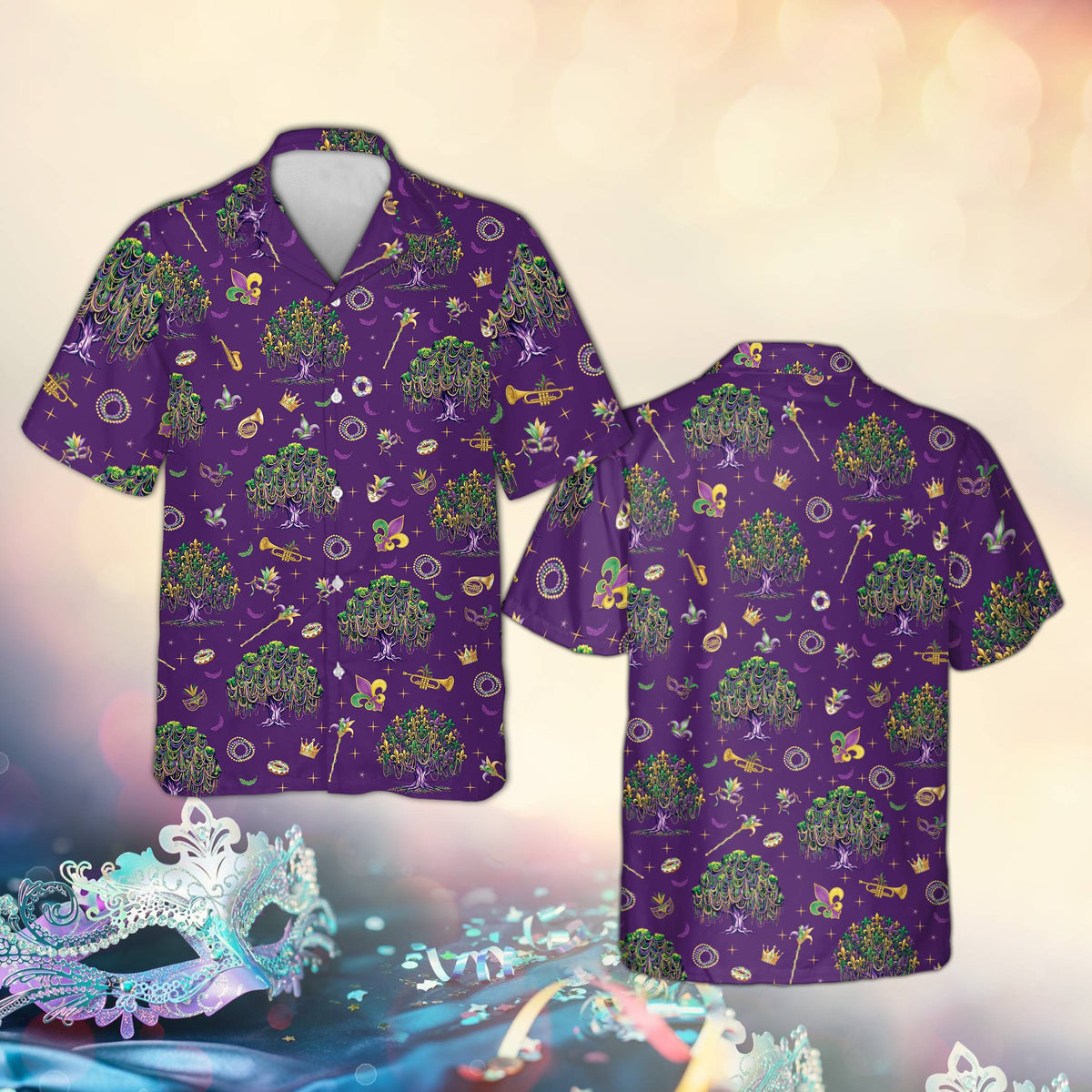 Purple mardi gras hawaiian shirt showing the festival pattern, front view