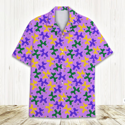 Front view of purple, green, and yellow mardi gras hawaiian shirt