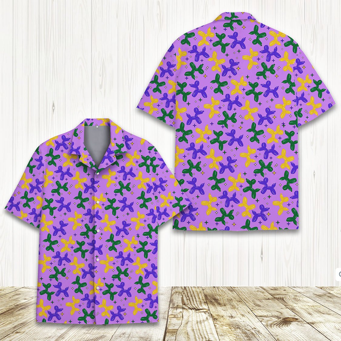 Fabric detail of the purple, green, and yellow balloon dog print