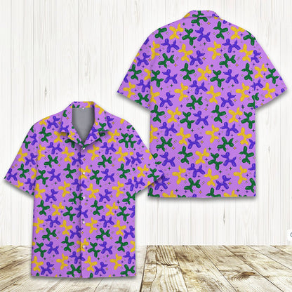 Fabric detail of the purple, green, and yellow balloon dog print