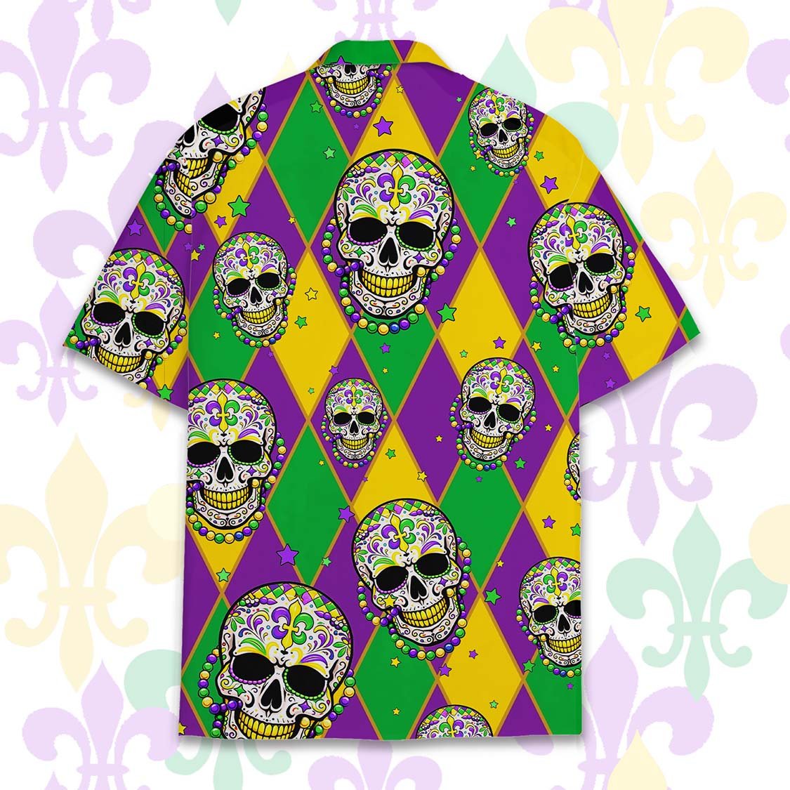 Back view of the mardi gras skulls hawaiian shirt