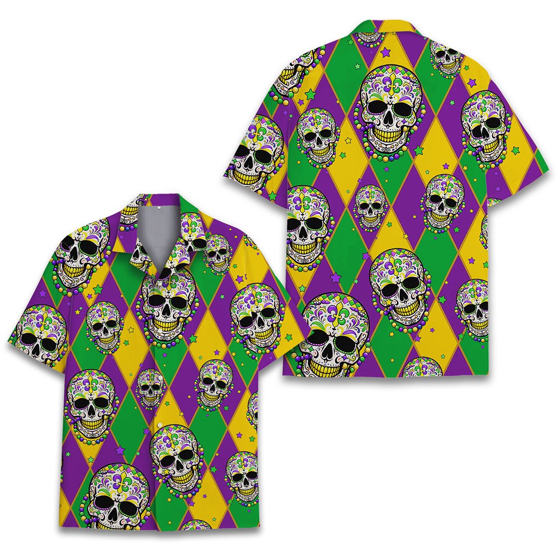 Front view detailing the sugar skulls and stars pattern on the hawaiian shirt