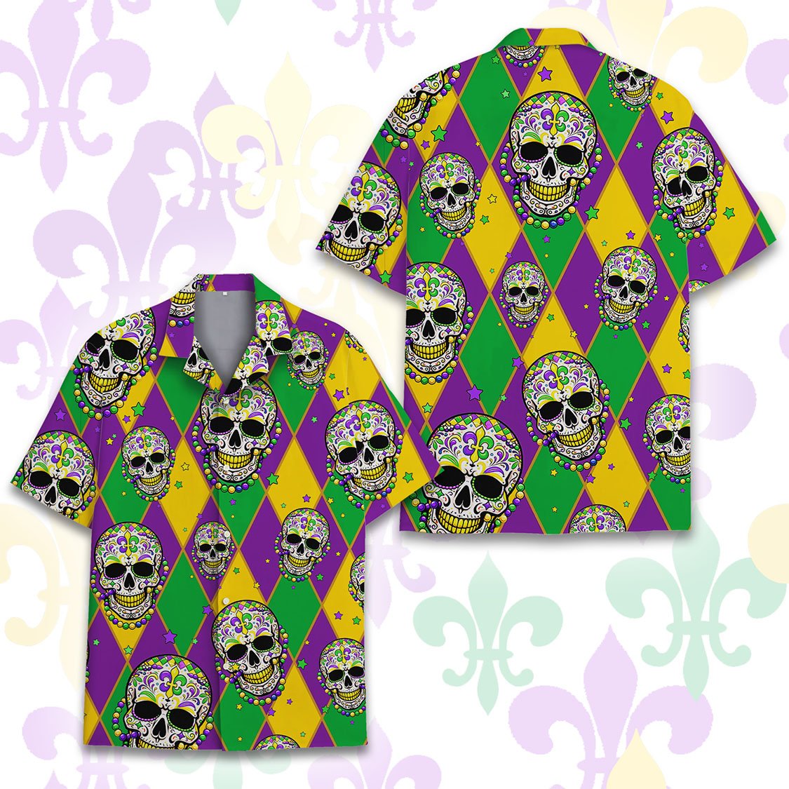 Close up front view of the geometric family hawaiian shirt
