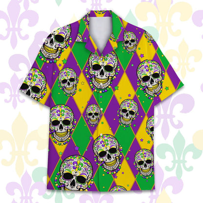 Front view of the matching family hawaiian shirt featuring purple, green, and yellow diamonds