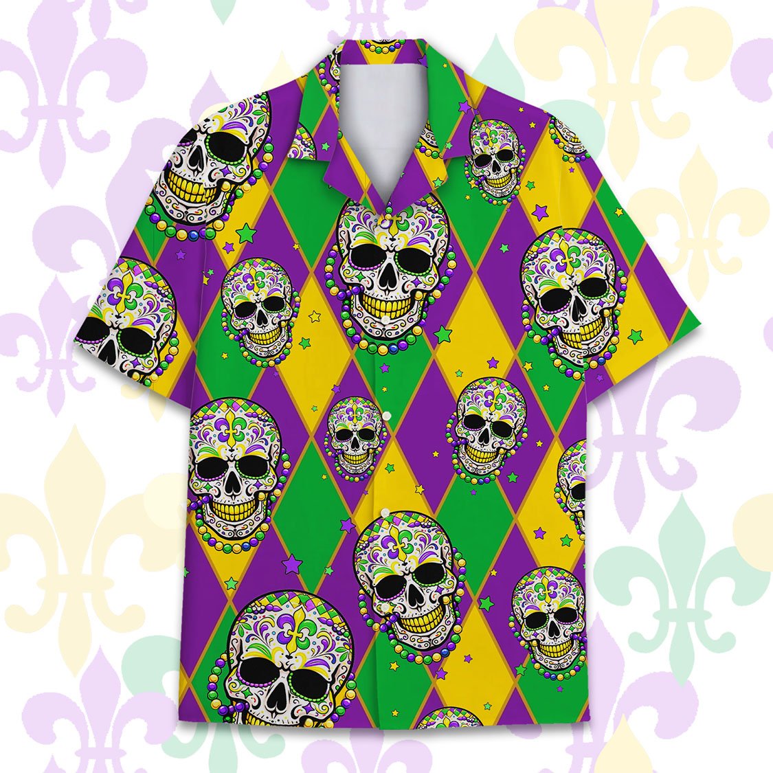Mardi gras skulls hawaiian shirt with harlequin background, main view