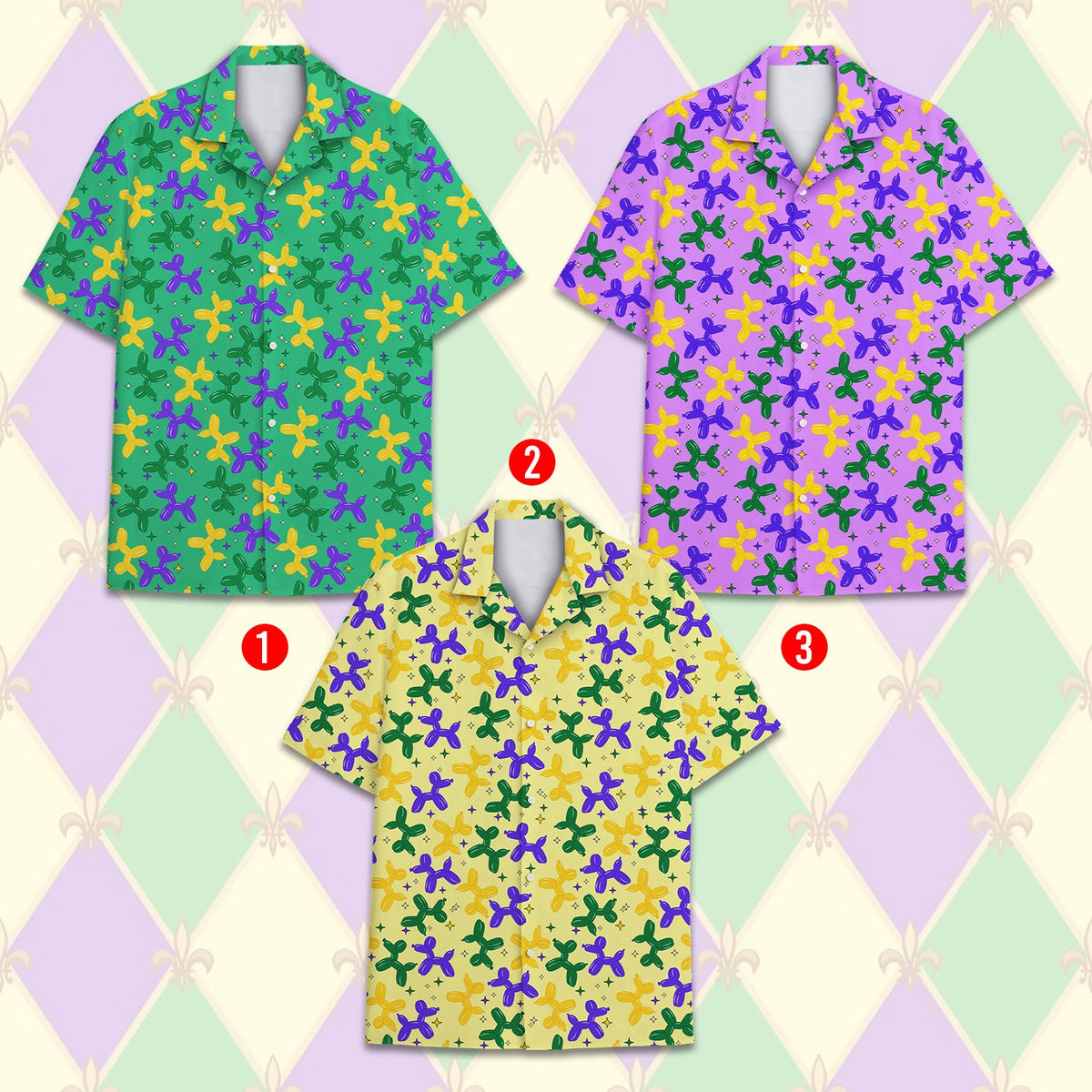 Additional view of the mardi gras hawaiian shirt design