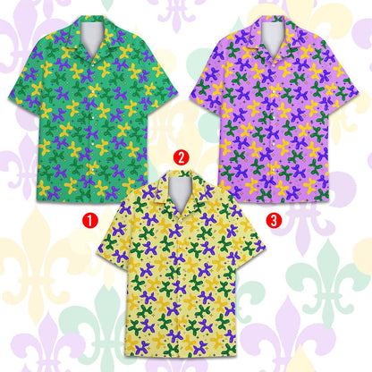 Side angle view of the mardi gras hawaiian shirt