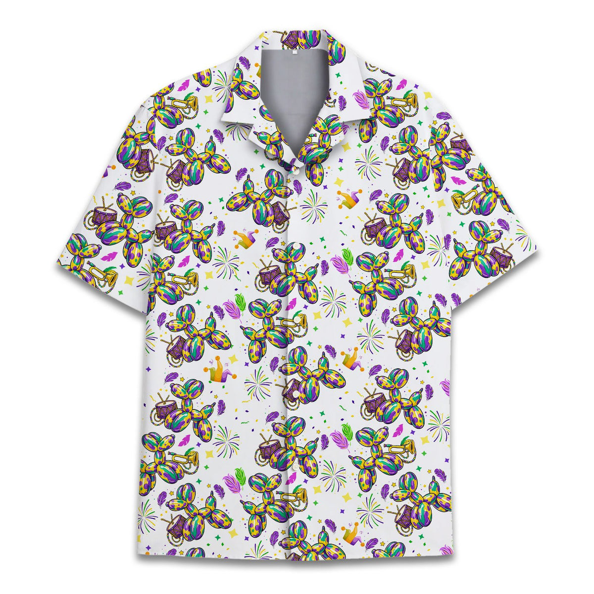Back view of the white mardi hawaiian shirt with trumpet and confetti print