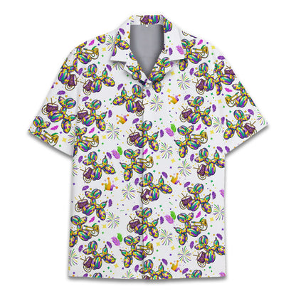 Back view of the white mardi hawaiian shirt with trumpet and confetti print