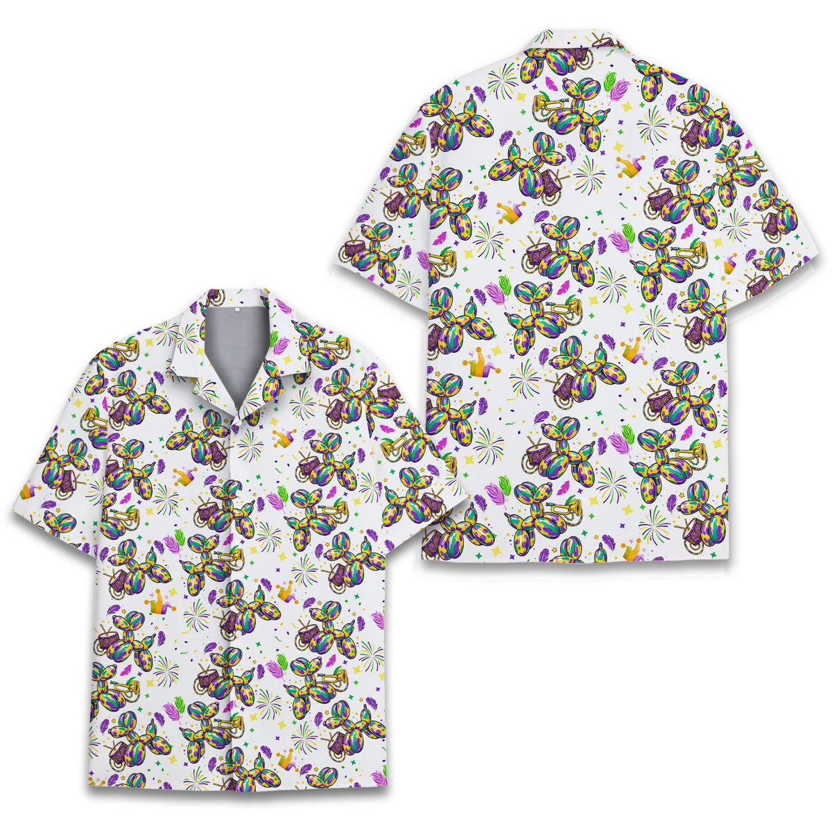 Alternate front view of the matching family hawaiian shirt with Mardi Gras design