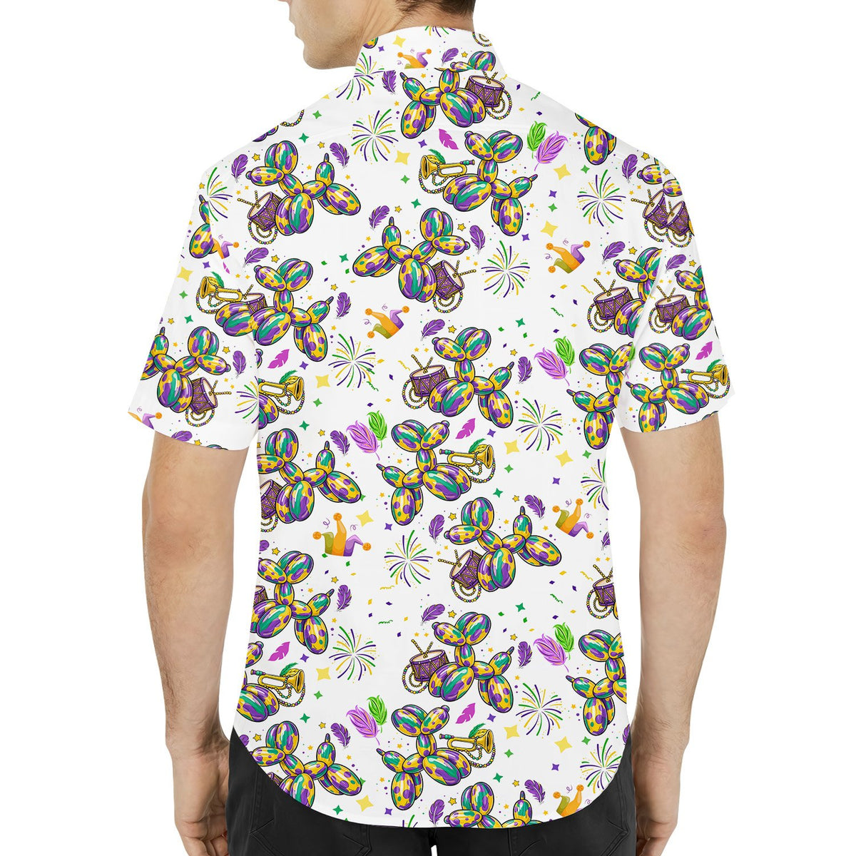 Close-up front view of the Mardi Gras balloon dog Hawaiian shirt on a white background