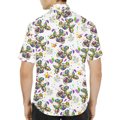 Close-up front view of the Mardi Gras balloon dog Hawaiian shirt on a white background