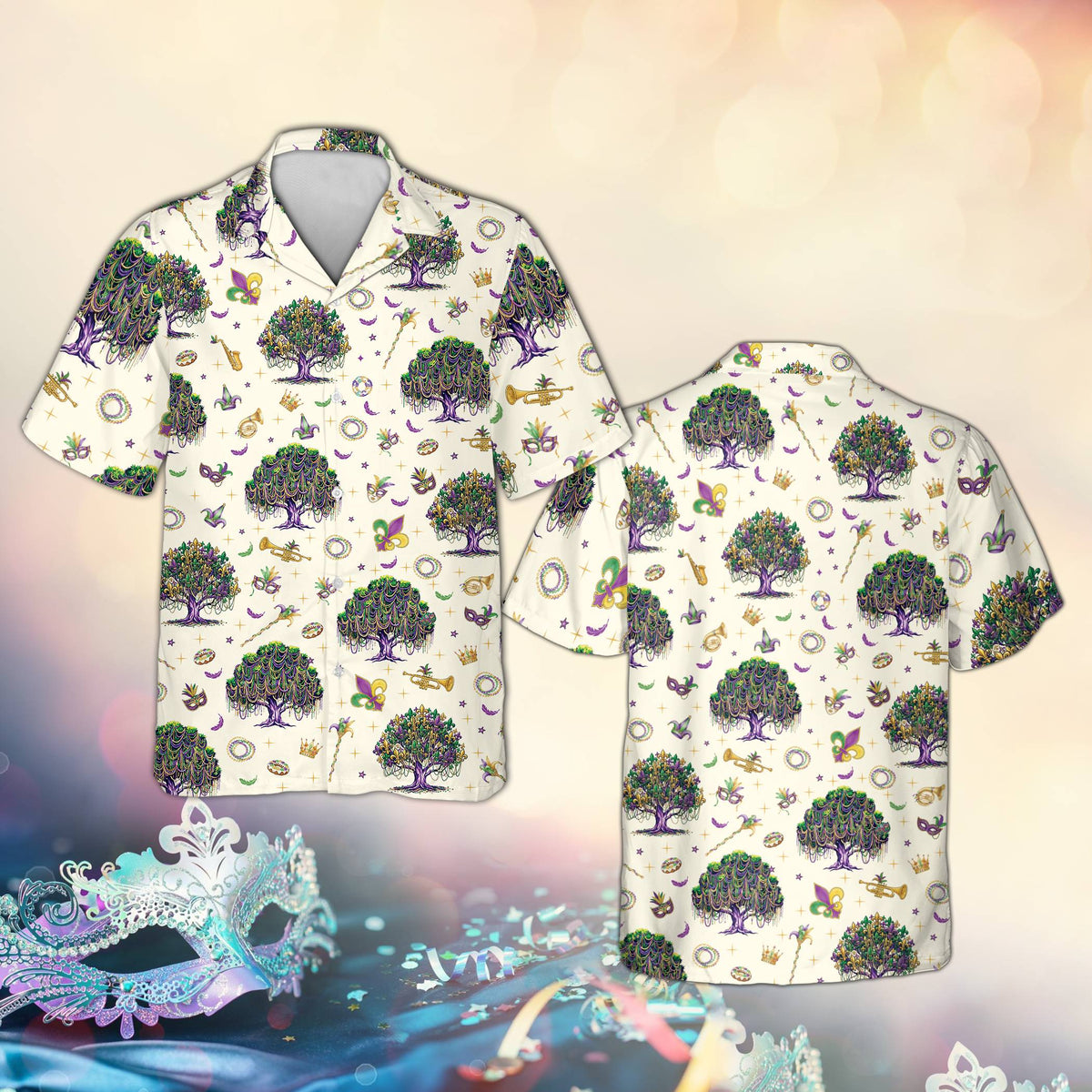 White mardi gras hawaiian shirt with colorful bead and mask motifs, front view