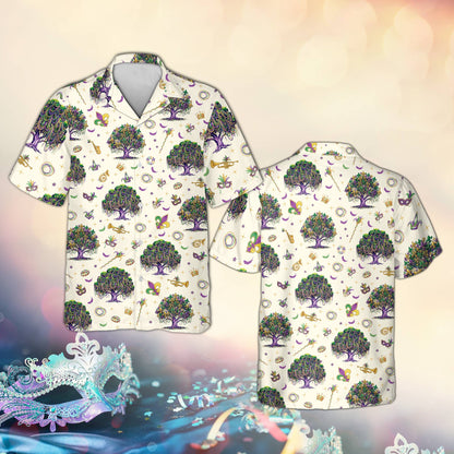 White mardi gras hawaiian shirt with colorful bead and mask motifs, front view